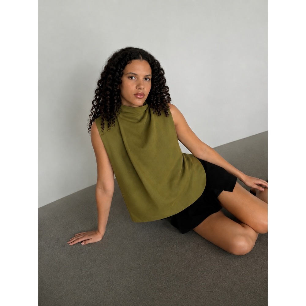 Icone par Simons Olive Green Mock Neck Draped Sleeveless Top Blouse Large